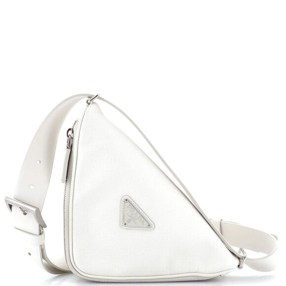 Prada Triangle Logo Zip Around Shoulder Bag Saffiano Leather White